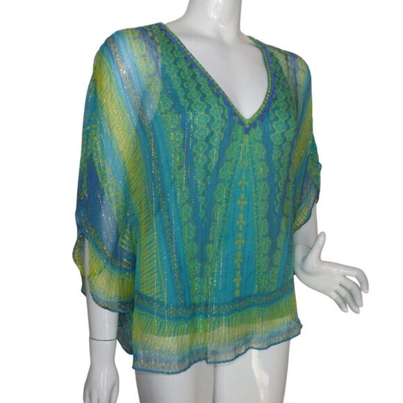 HALE BOB Top, M, Silk Layered Tank, Flutter Sleeves, V-neck, Blue/Green, Beaded - Picture 2 of 12